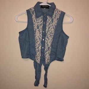 Jean Look and White Lace Button Up Blouse
